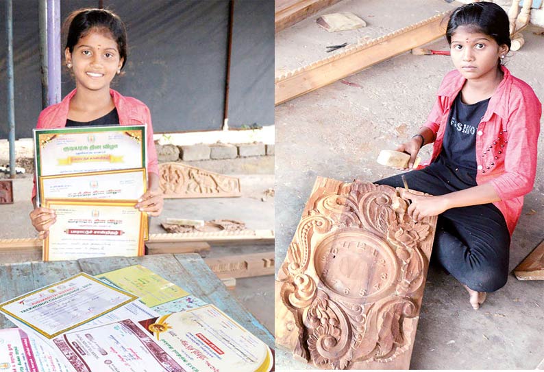 In the study of woodcarving, School student || மரச்சிற்பக் கலை பயிலும், பள்ளி மாணவி